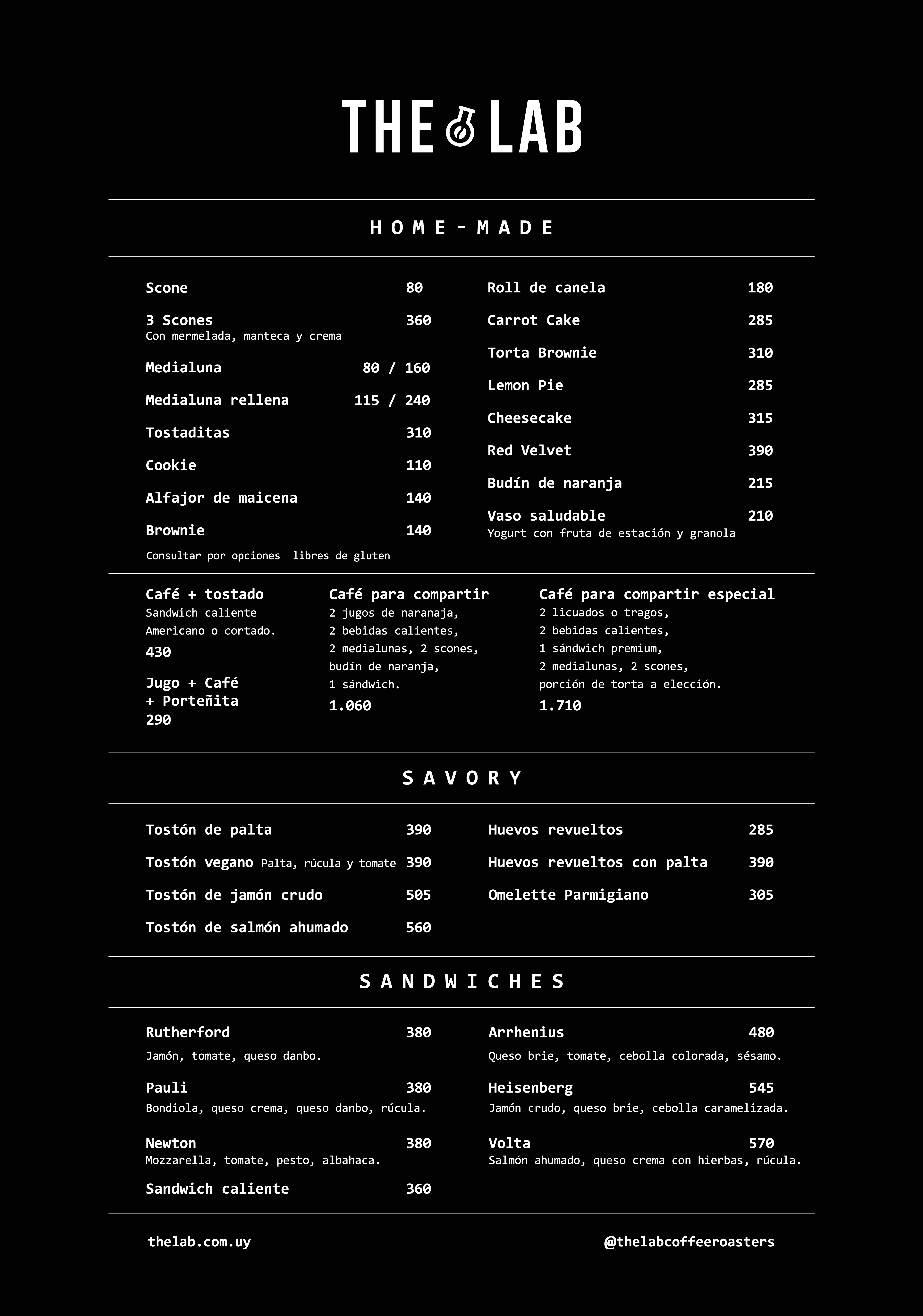 Menú The Lab Coffee Roasters